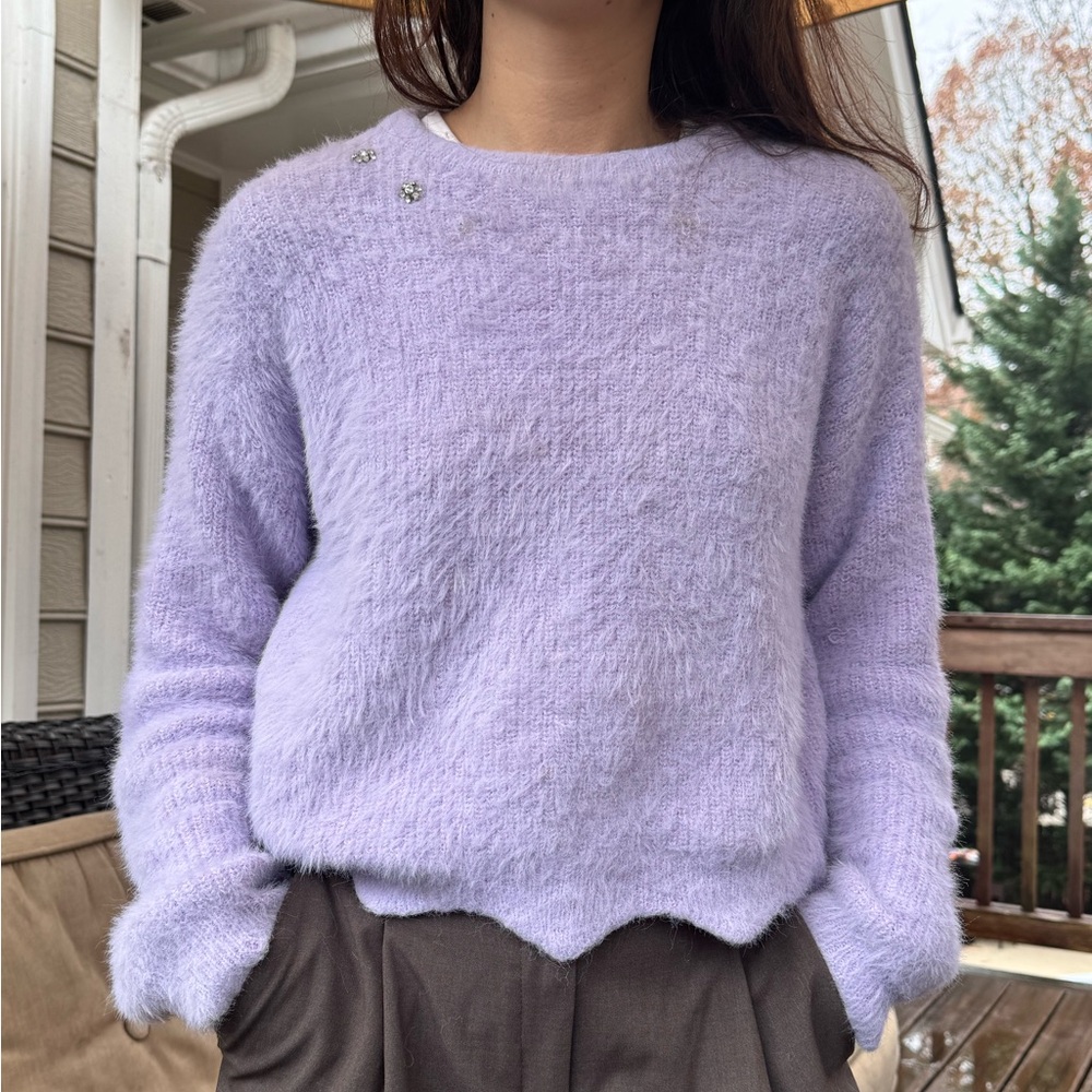 Soft Lavender Fuzzy Sweater with Rhinestone Accents